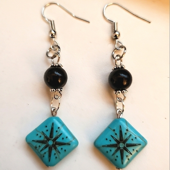 Hand Crafted Jewelry - Hand Crafted Boho Star Turquoise Dangle Earrings